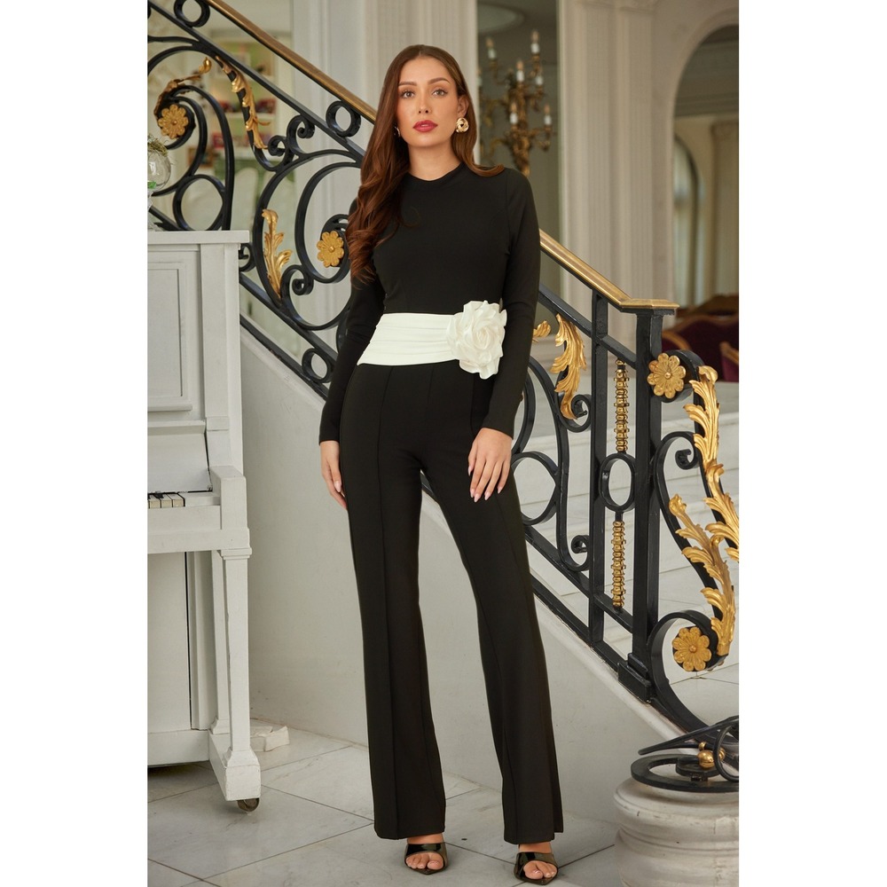 Black Long Sleeve Jumpsuit with White Rosette Sash Waist Size Small